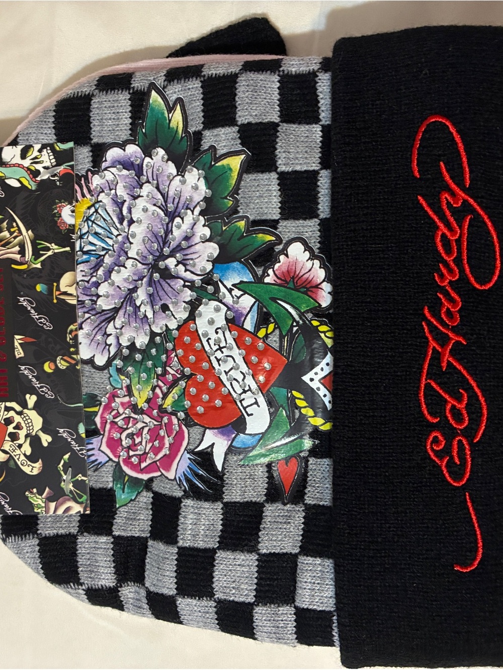 Ed Hardy Black Checkered and Pink Beanie with Floral Patch with gloves